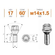 Болт M14x1.5 S28 H17 Zn конус Ellis B17ECN28